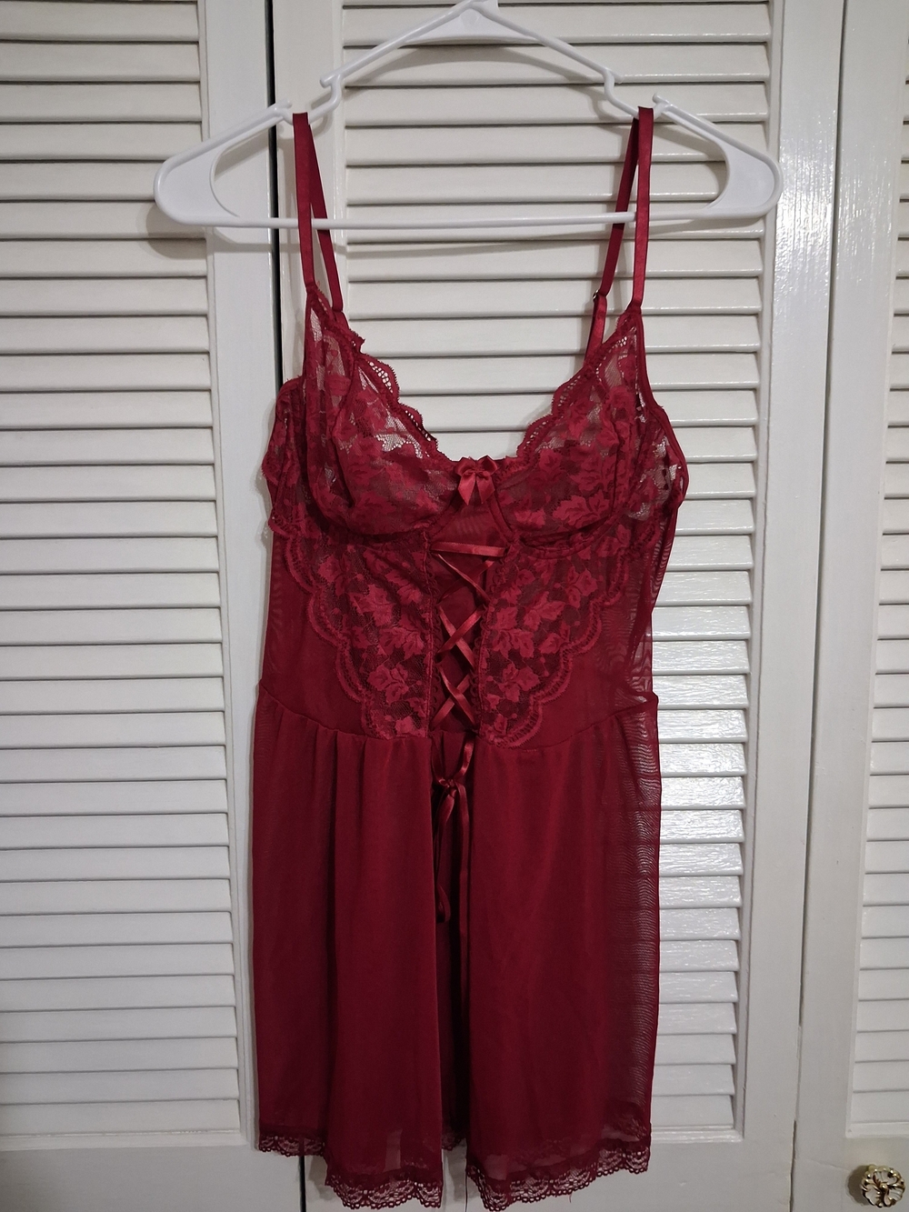 Love Burgundy Lace-Front Chemise with Ribbon Detail